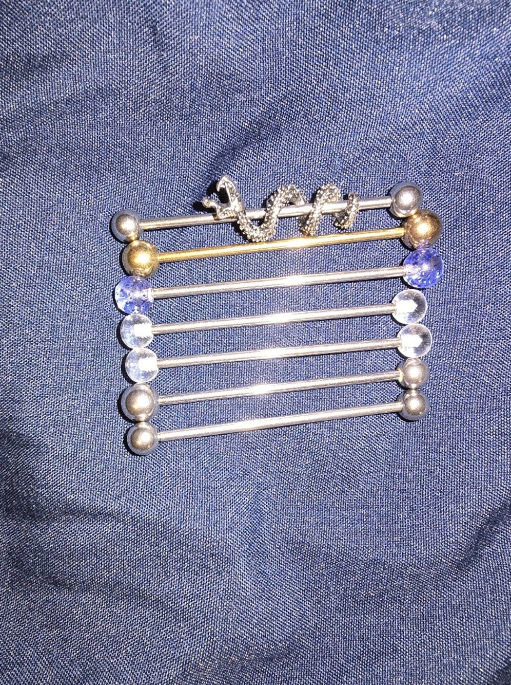 Mixed Metal Industrial Barbell Set with Crystal Accents